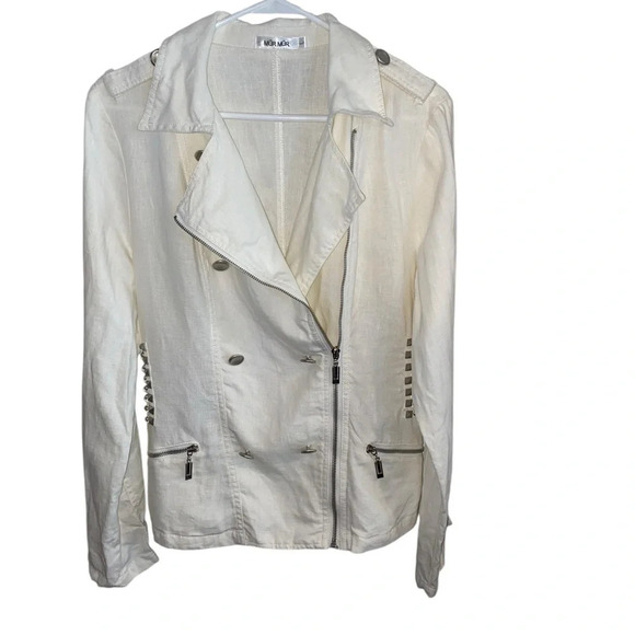 Mur Mur white studded linen double breasted moto military style zipper jacket - Picture 3 of 12